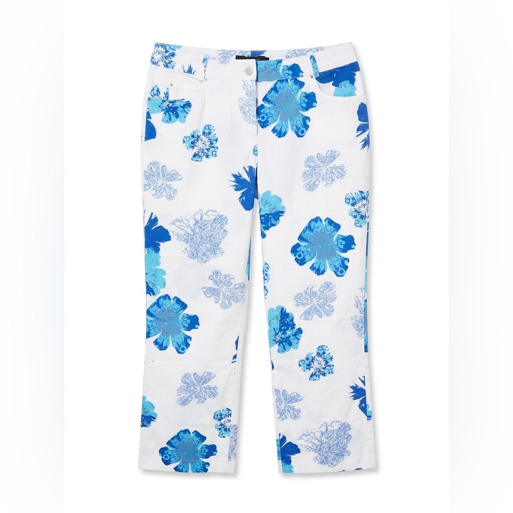 Blue Floral Print Cropped Trousers